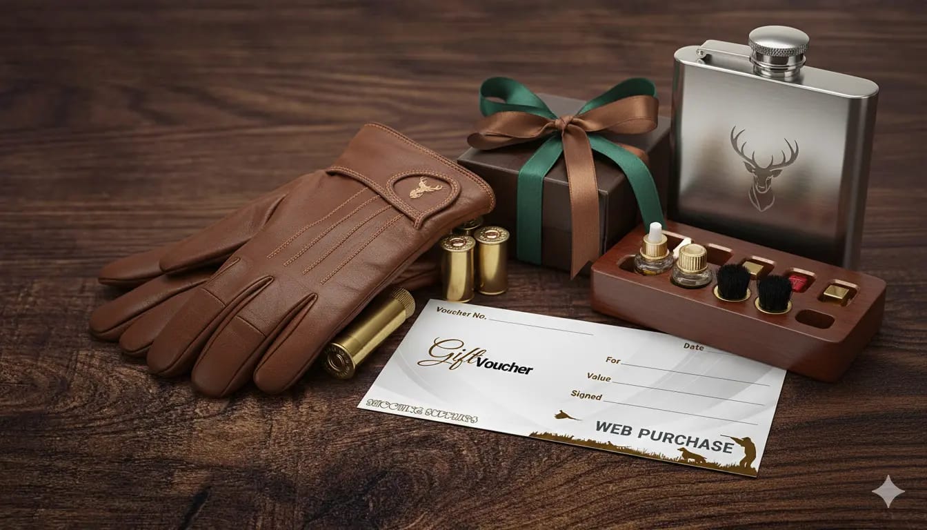 Shooting Supplies digital gift card displayed with festive outdoor gear, representing a perfect last-minute Christmas gift for shooting and outdoor enthusiasts.